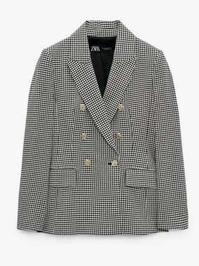 Zara Black & White Houndstooth Double-Breasted Blazer with Gold Buttons